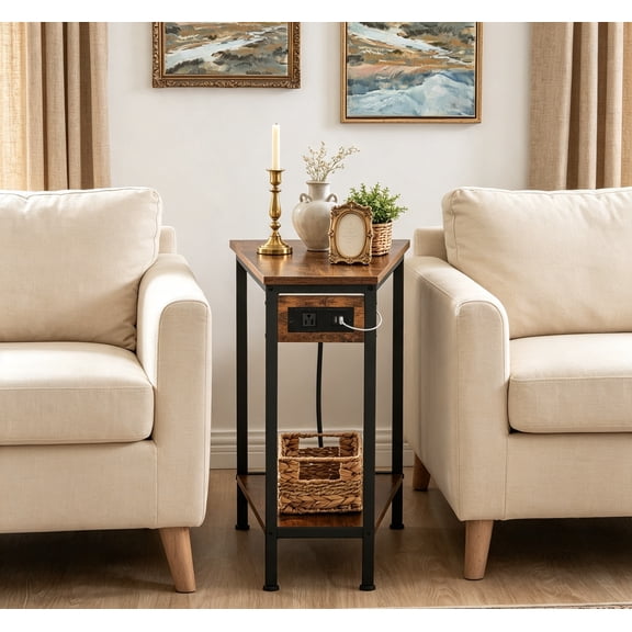 Wedge Corner End Table with Charging Station Open Storage Shelves, Industrial Triangle Accent, Rustic Brown, Ideal for Small Spaces and Living Room