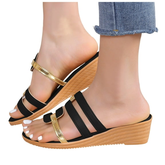 Wedge Dress Sandals for Women Ladies 2025 Glitter Open Toe Mid Heel Slip on Slides Beach Summer Shoes