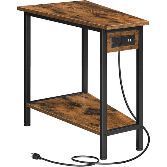 Wedge End Table with Charging Station, Recliner Wedge Side Table with Open Storage Shelves, Industrial Triangle Accent Table for Small Spaces, Corner, Living Room, Rustic Brown BF64UBZ01G1