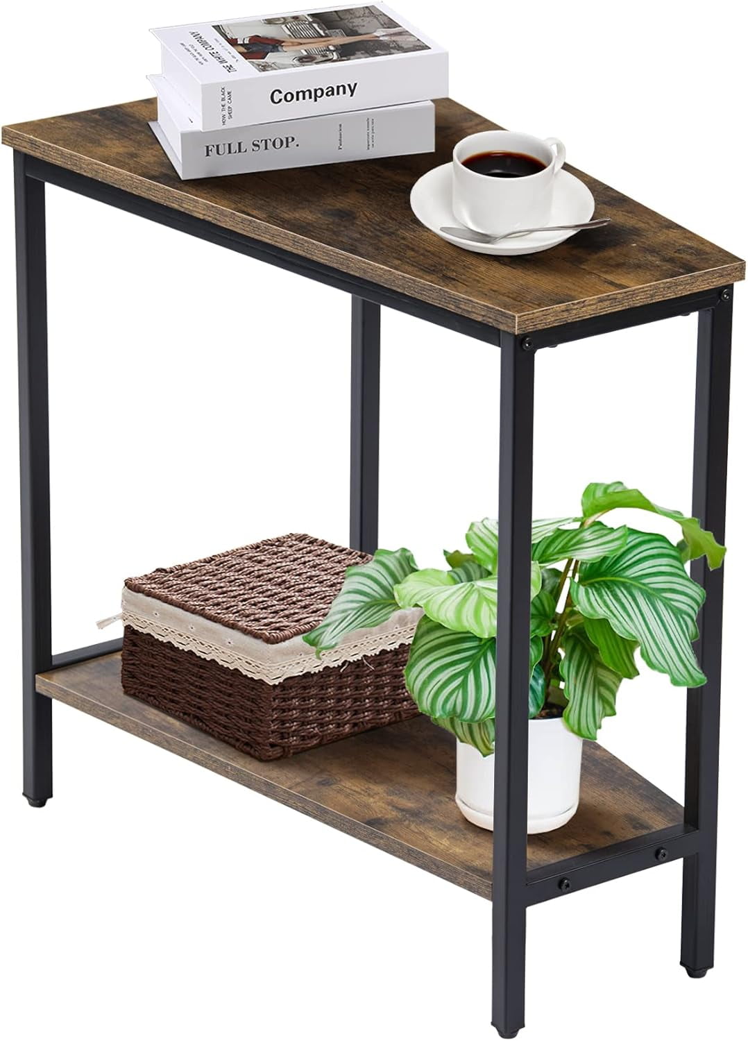 Natural Wood and Black Metal Triangle End Table with Shelf