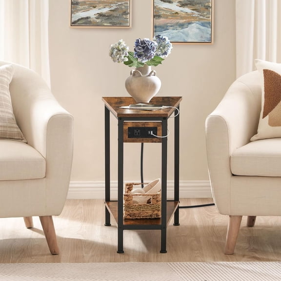 Wedge End Table with Charging Station, Recliner Side Table for Small Spaces, Industrial Accent Table, Rustic Brown