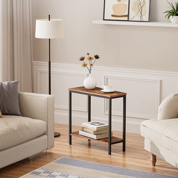 Wedge End Table with Storage, Industrial Triangle Accent Side Table for Small Space Corner Living Room Rustic Brown