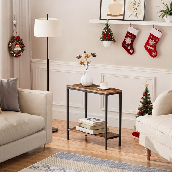 Wedge End Table with Storage, Industrial Triangle Accent Side Table for Small Space Corner Living Room Rustic Brown