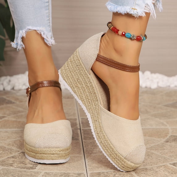 Wedge Espadilles for Women Closed Toe Platform Sandals with Ankle Strap Classic Casual 2026 Summer Dressy Wedges Heels Beige Size 8