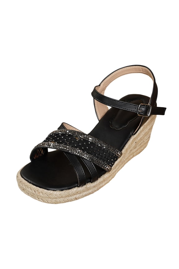 Wedge Espadrilles for Women Open Toe Platform Sandals Glitter Rhinestone Mesh Band Ankle Strap Summer Heels Black Size 7