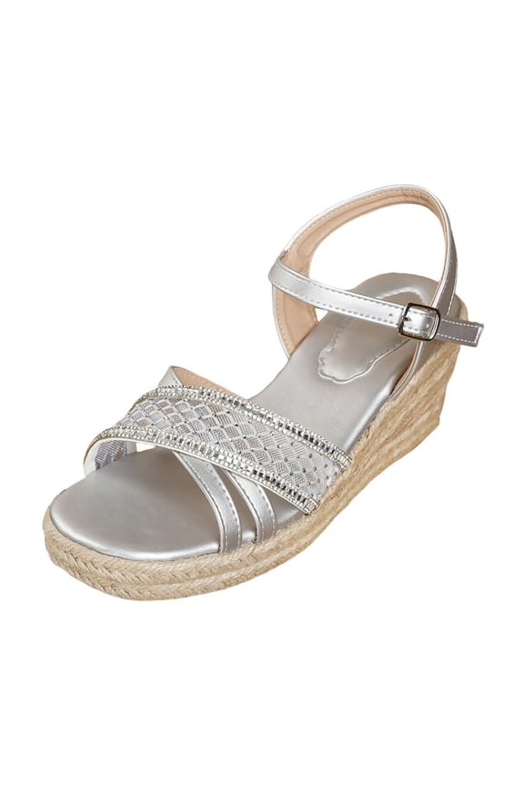 Wedge Espadrilles for Women Open Toe Platform Sandals Glitter Rhinestone Mesh Band Ankle Strap Summer Heels Silver Size 6