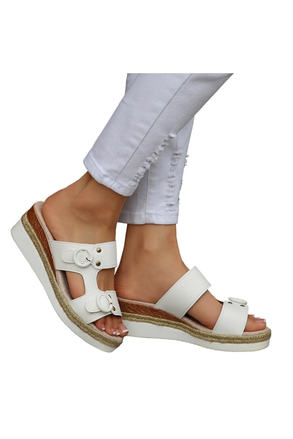Wedge Espadrilles for Women Open Toe Slide Sandals Double Buckle Strap Slip on Platform Beach Shoes for Summer Outdoor Walking Beige Size 6.5