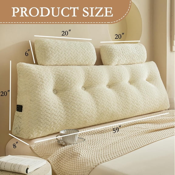 Wedge Headboard Pillow Queen with 2 Pack Neck Roll Pillows, Triangular Wedge Backrest Pillow Headboard for Bed,Daybed,and Lounging, Large Bed Bolster Pillows,Off White