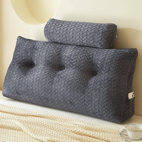 Wedge Headboard Pillow Twin with 1 Pack Neck Roll Pillow, Large Bed Bolster Pillows, Triangular Wedge Backrest Pillows Headboard for Bed,Daybed,and Lounging, Dark Gray
