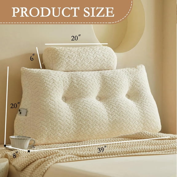 Wedge Headboard Pillow Twin with 1 Pack Neck Roll Pillows, Triangular Wedge Backrest Pillow Headboard for Bed,Daybed,and Lounging, Large Bed Bolster Pillows,Off White