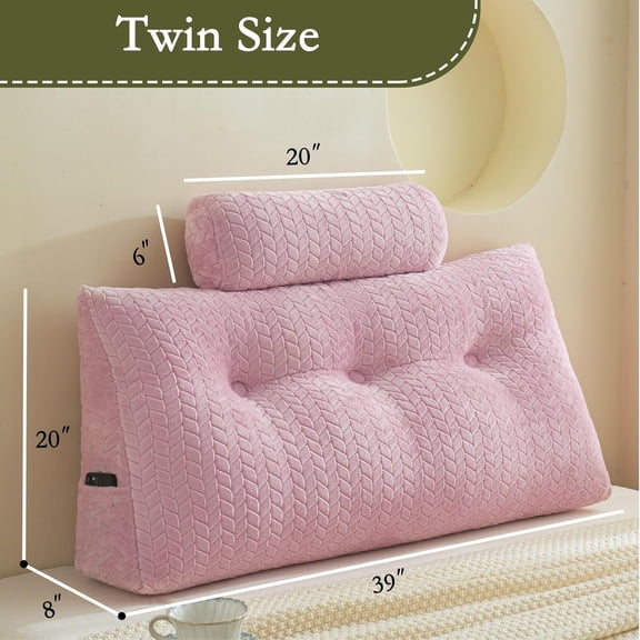 Wedge Headboard Pillow Twin Size, Triangular Wedge Backrest Pillow with 1 Pack Neck Roll Pillows, Headboard Pillow for Bed,Daybed,and Lounging, Large Bed Bolster Pillows,Pink