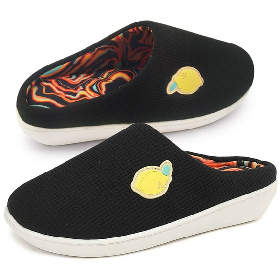 Wedge Heel Slippers for Women Embroided Abstract Pattern Lining House Shoes, Black US 7