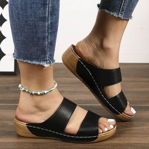 Wedge Heels Sandals for Womens Fashion Fish Mouth Wedge-Heel Thick Bottom Slippers Casual Summer New Style Solid Color Orthopedics Outdoor Sandals