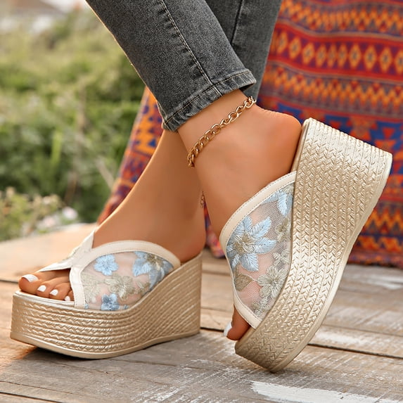 Wedge Heels for Women Peep Toe Platform Sandals 2026 Summer Fashion Splice Floral Embroidery Mesh Slip on Comfortable Slides Beach Shoes Blue Size 7.5