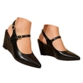 thumbnail image 1 of Wedge Heels for Women Comfortable Leather Ankle Strap Slip on Lightweight Square Closed Toe Business Casual Work Dress Shoes Black Size 6.5, 1 of 4
