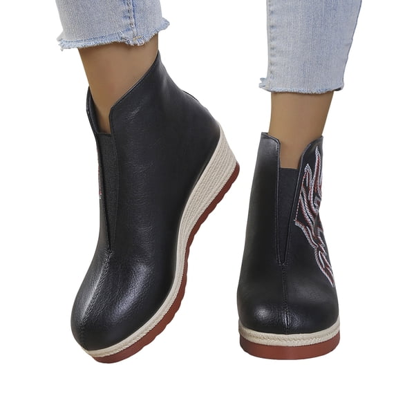 Wedge Leather Ankle Boots for Women Embroidered Slip On Short Chelsea Booties Comfortable Non Slip Platform Boots Black Size 9.5