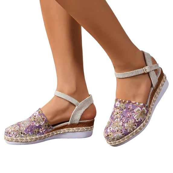Wedge Low Heels for Women Closed Toe Lace Espadrille Sandals Formal Comfortable Spring Summer Casual Dressy Platform 2026 Ankle Strap Shoes Purple Size 7.5