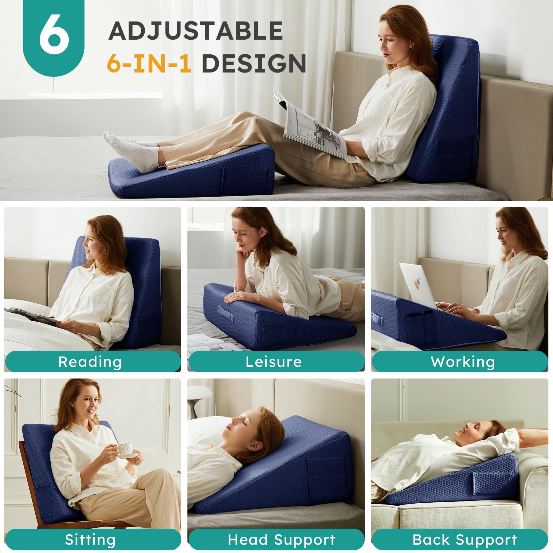 Wedge Pillow  10 Inch Bed For Headboard Acid Reflux Sleeping After Triangle - Memory Foam Top Navy