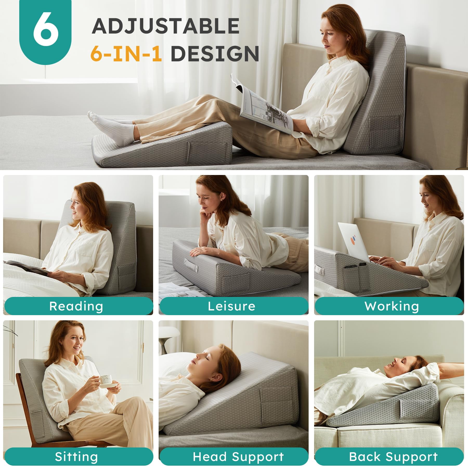 Wedge Pillow 8 Inch Bed For Headboard  Acid Reflux Sleeping After Triangle - Memory Foam Top Grey