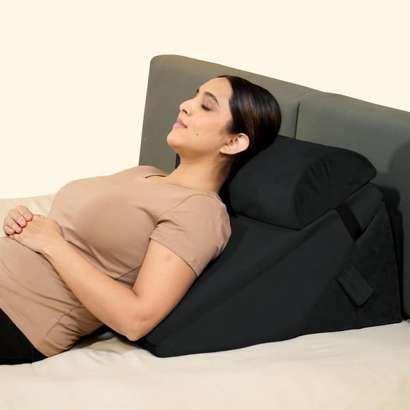 Wedge Pillow For Back Support, Adjustable Wedge Pillow With Headrest, Velvet Black - 22 X 22 X 12 Inch | Memory Foam Bed Wedge Pillow For Sleeping | Acid Reflux, Gerd, Snoring, Resting