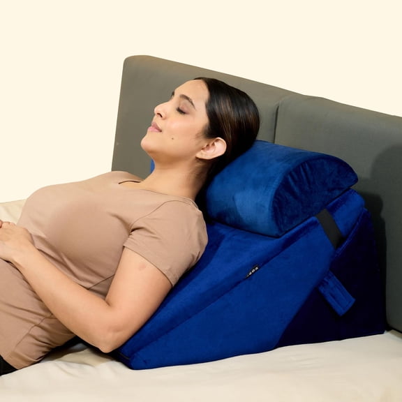 Wedge Pillow For Back Support, Adjustable Wedge Pillow With Headrest, Velvet Blue - 22 X 22 X 12 Inch | Memory Foam Bed Wedge Pillow For Sleeping | Acid Reflux, Gerd, Snoring, Resting