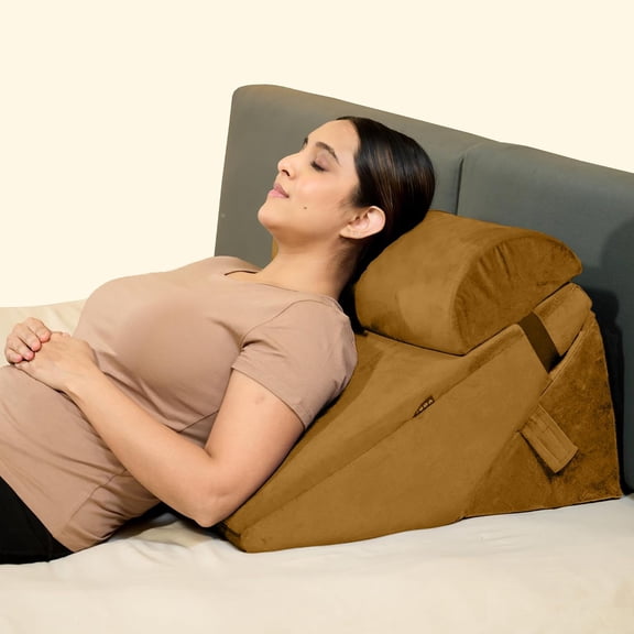 Wedge Pillow For Back Support, Adjustable Wedge Pillow With Headrest, Velvet Tan - 22 X 22 X 12 Inch | Memory Foam Bed Wedge Pillow For Sleeping | Acid Reflux, Gerd, Snoring, Resting