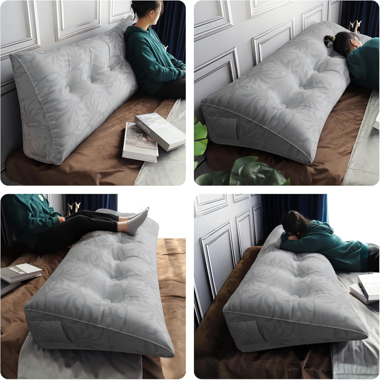 Wedge Pillow Headboard Dorm Headboard Twin XL Bed Silver Bolster Pillow for Bed, Jacquard Satin Fabric  Pure Cotton, Light Grey