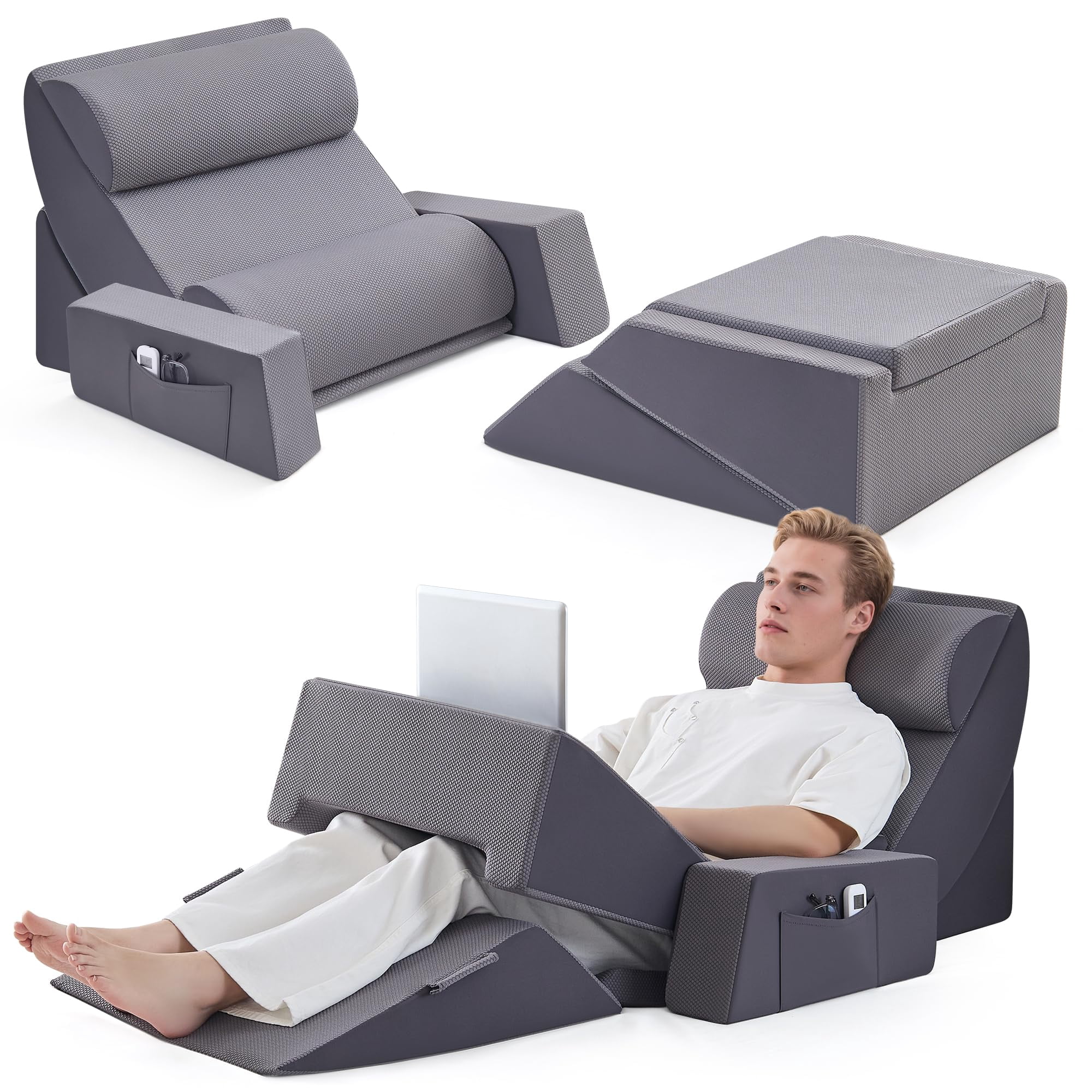 Wedge Pillow Set  9pcs Adjustable Memory Foam Neck Leg Reading With Breathable Seersucker Dark Grey