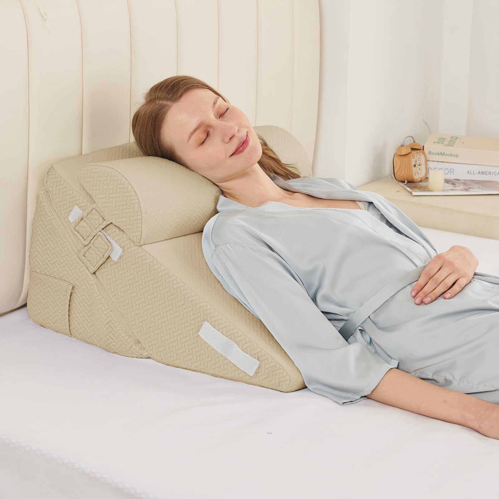 Wedge Pillow Set For After  2pcs Adjustable Bed Headboard With Memory Foam Neck Cushion - Acid Reflux Sleeping & Support Beige