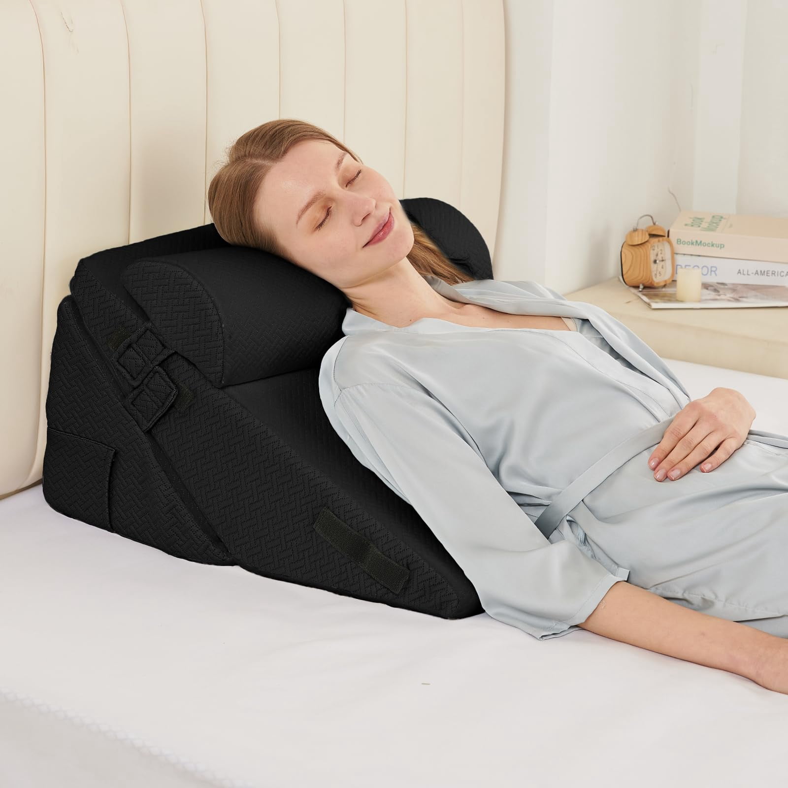 Wedge Pillow Set For After  2pcs Adjustable Bed Headboard With Memory Foam Neck Cushion - Acid Reflux Sleeping & Support Black