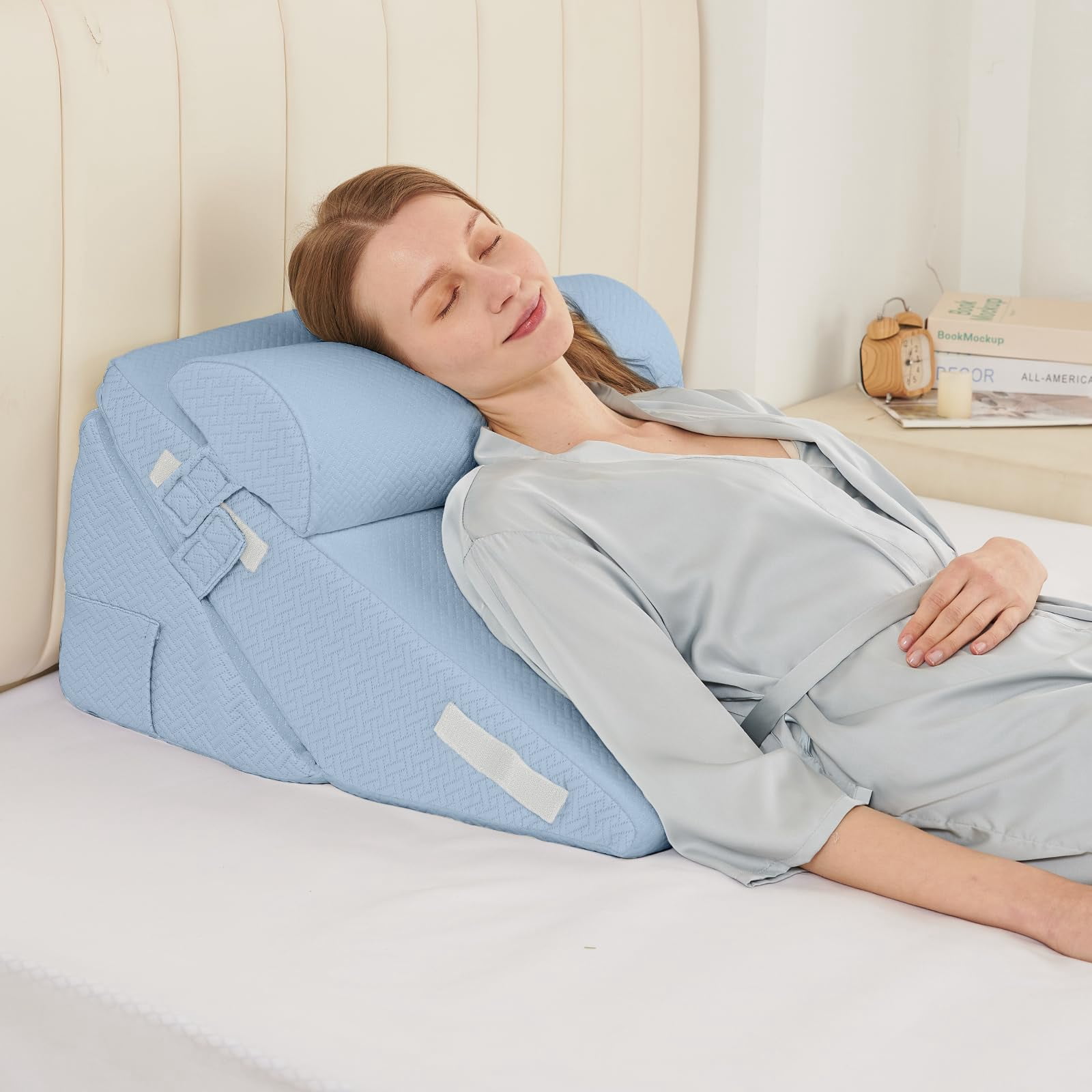 Wedge Pillow Set For After  2pcs Adjustable Bed Headboard With Memory Foam Neck Cushion - Acid Reflux Sleeping & Support Blue