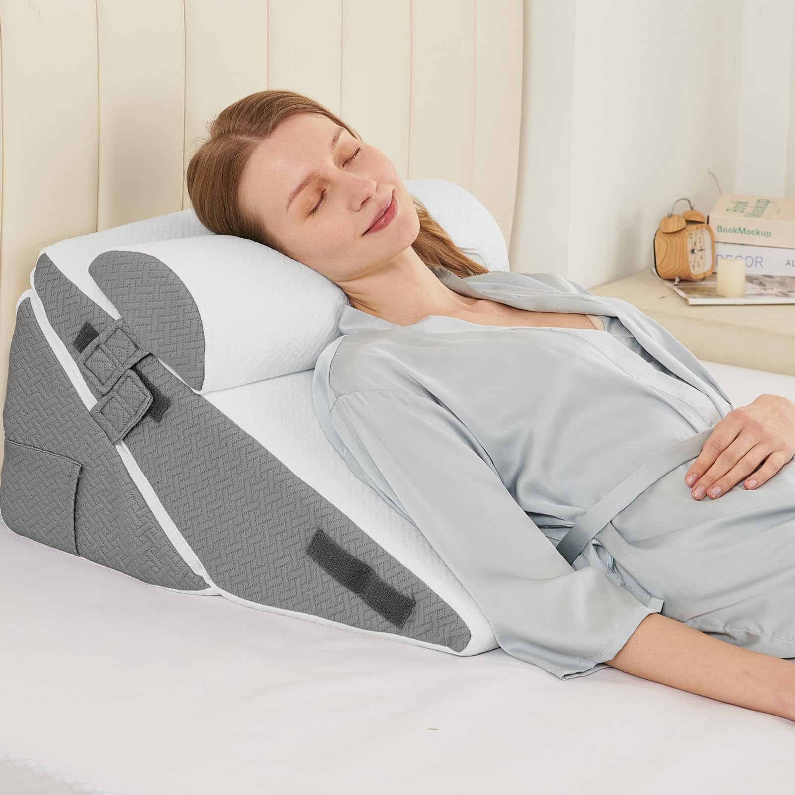 Wedge Pillow Set For After  2pcs Adjustable Bed Headboard With Memory Foam Neck Cushion - Acid Reflux Sleeping & Support Dark Grey White