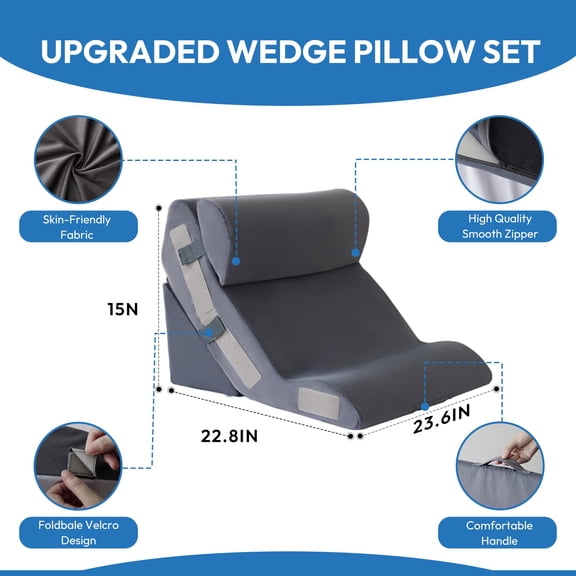 Wedge Pillow Set Plush Grey 3PCS For Bed Sitting, Reading, Recovery