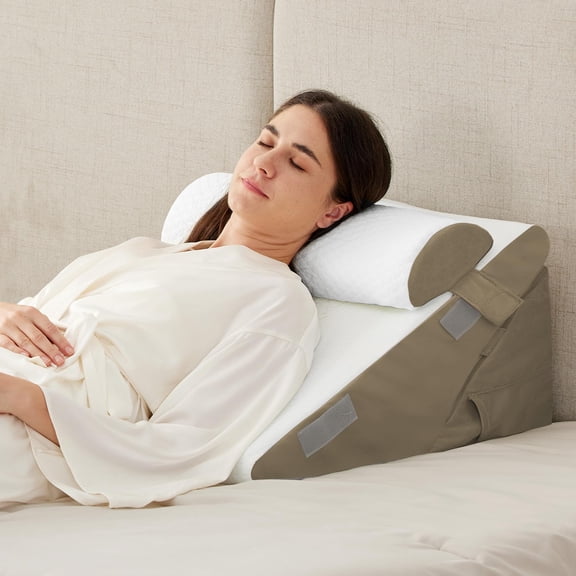 Wedge Pillow Set White/Brown Adjustable 9&12 Inch + 1 Head Pillow, Bed Sleeping Incline Support