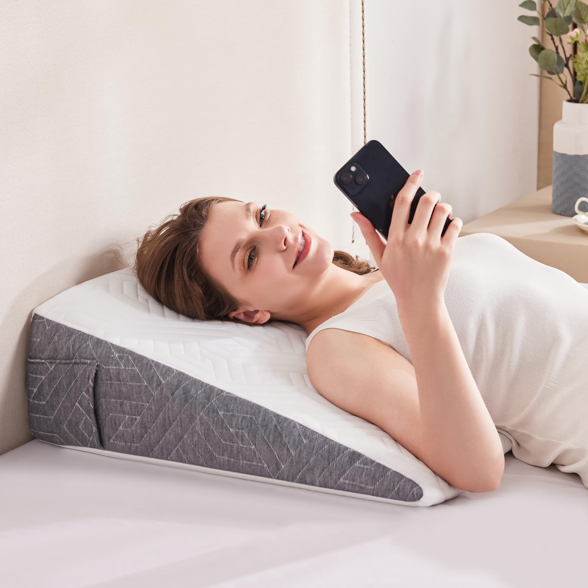 Wedge Pillow for Sleeping Memory Foam Bed Support for Acid Reflux GERD Snoring Back Pain Relief and Leg Elevation 24x24x7.5 inch White Grey