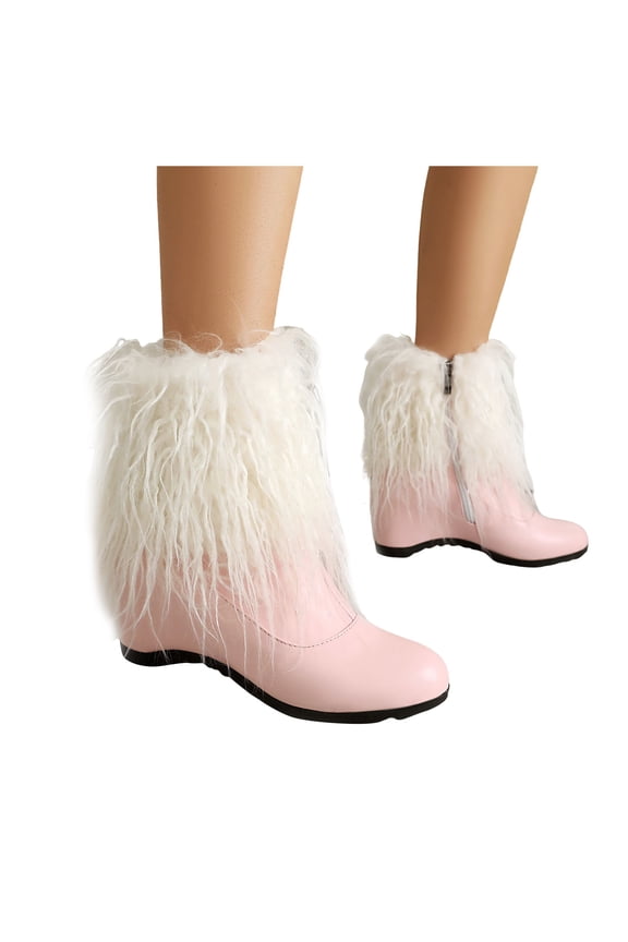 Wedge Pink Platform Boots for Women Fuzzy Fluffy Mid Calf Snow Boots Leather Fall Booties with Arch Support