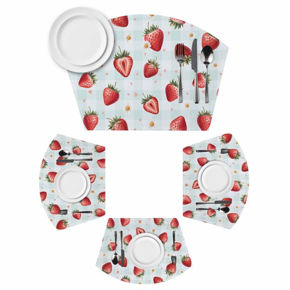 Wedge Placemats Set of 4 Red Strawberry Place Mats Washable Summer Fruit Daisy Blue Stripes Wedge Shape Tablemats for Round Tables Kitchen Dinner Party Home Decor Indoor Outdoor