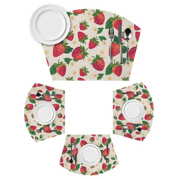 Wedge Placemats Set of 4 Strawberry Place Mats Washable Cute Floral Fruit Linen Wedge Shape Tablemats for Round Tables Kitchen Dinner Party Home Decor Indoor Outdoor