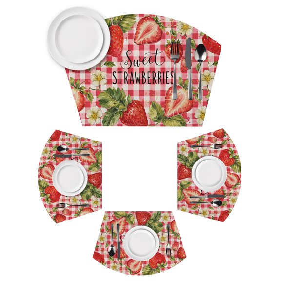 Wedge Placemats Set of 4 Sweet Strawberry Place Mats Washable Summer Fruit Flower Red Plaid Wedge Shape Tablemats for Round Tables Kitchen Dinner Party Home Decor Indoor Outdoor