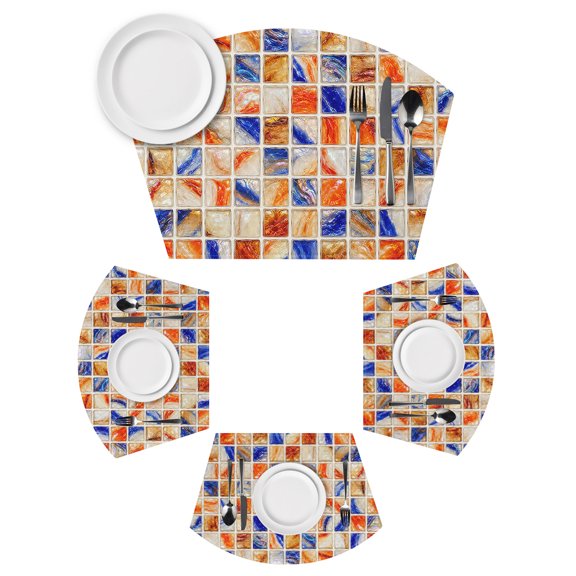 Wedge Placemats Set of 6 Orange Square Mosaic Place Mats Washable Glass Blocks Tiles Wedge Shape Tablemats for Round Tables Kitchen Dinner Party Home Decor Indoor Outdoor