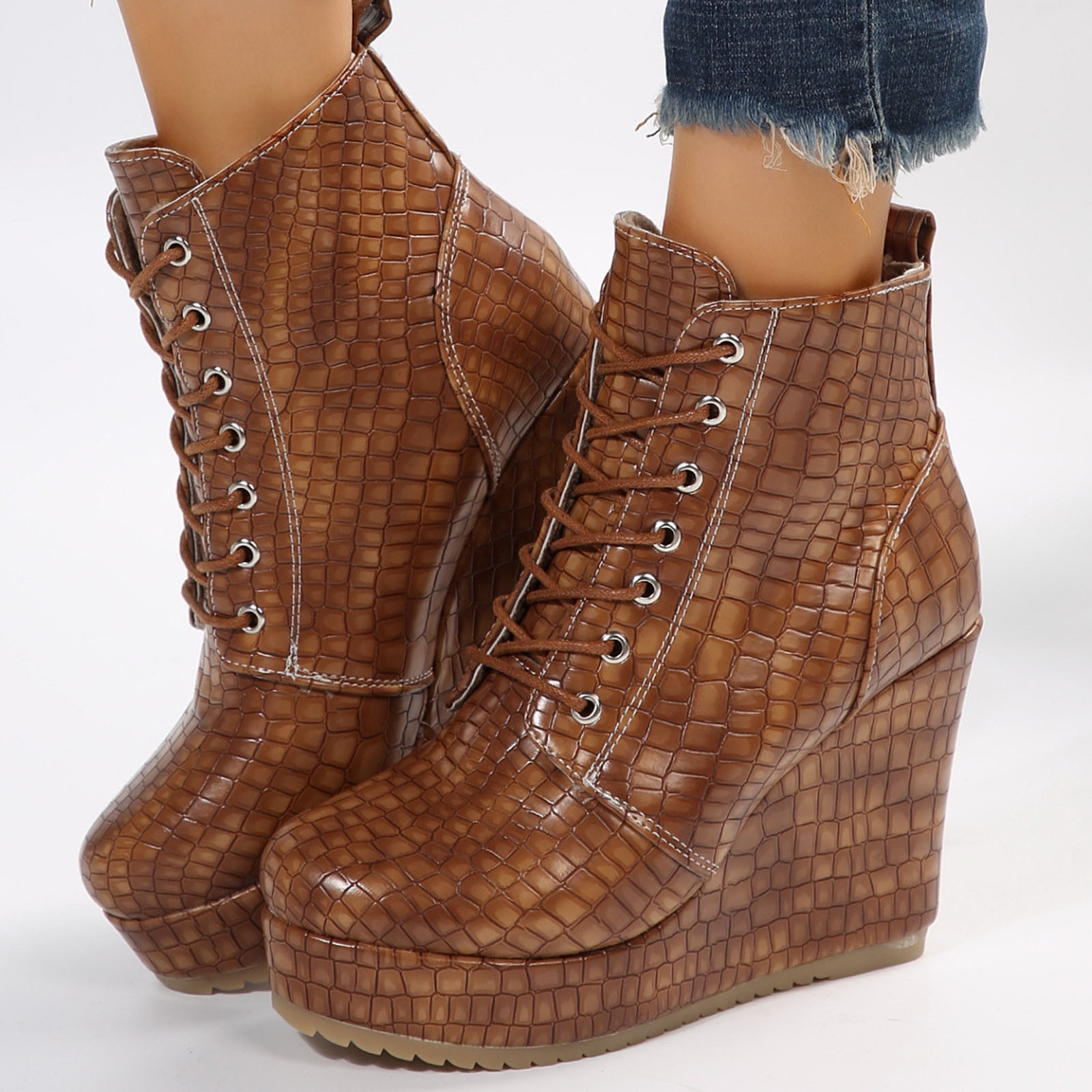 Wedge Platform Boots for Women, Round Toe Lace up Zip High Heel Combat
