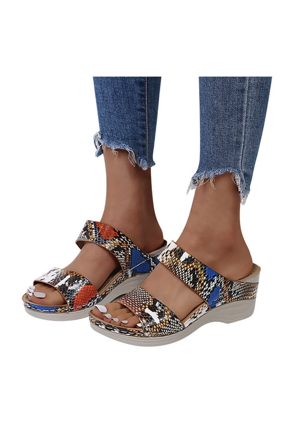 Wedge Sadnals for Women Leopard Print Open Toe Slides Slip on Summer Beach Shoes Casual Arch Support Walking Shoes Khaki Size 7