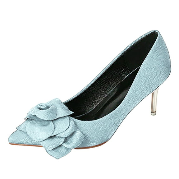 Wedge Sandals 2024 Spring Blue Fashion Versatile Bow Slender Heel Pointed Sandals Blue 37