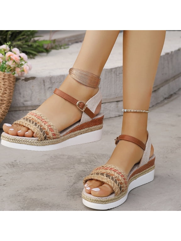 Wedge Sandals for Women 2026 Knit Upper Walking Sandals Boho Woven Shoes Shoes with Buckle Straps and Woven Hemp Rope Design, Wedge Platform for Daily Wear and Outdoor Activities,Khaki 38(US-6.5)