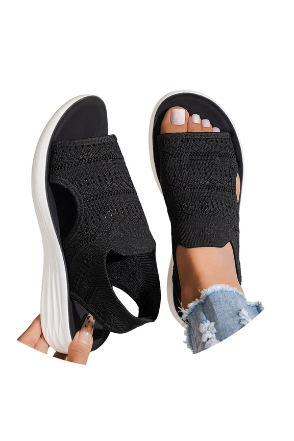 Wedge Sandals for Women Casual Peep Toe Mesh Rhinestone Knit Breathable Lightweight On Platform Shoes for Work Shopping Beach Pool Summer Vacation Daily Wear Black Size 6