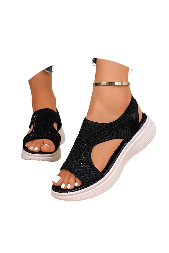 Wedge Sandals for Women Casual Peep Toe Mesh Rhinestone Knit Breathable Lightweight On Platform Shoes for Work Shopping Beach Pool Summer Vacation Daily Wear Black Size 9