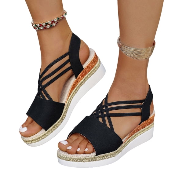 Wedge Sandals Women Espadrilles Open Toe Elastic Strappy Platform Beach Vacation Shoes Casual Slip on Heels Black Size 10.5