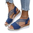 thumbnail image 1 of Wedge Sandals Women Espadrilles Open Toe Elastic Strappy Platform Beach Vacation Shoes Casual Slip on Heels Blue Size 9.5, 1 of 5