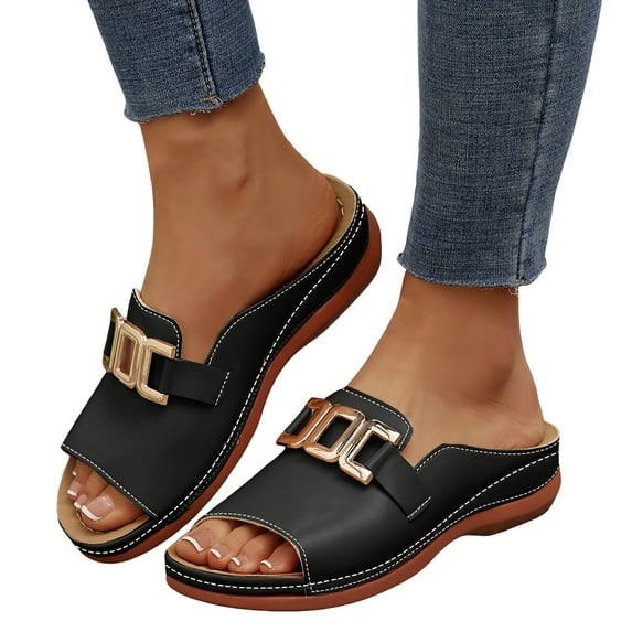 Wedge Sandals Women Orthopedic Arch Support Comfortable Womens Slip on Slides 2026 Fashion Ladies Casual Platform Summer Beach Walking Slippers Shoes (9.5,Black)