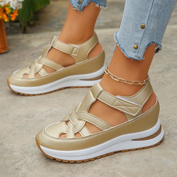 Wedge Sandals,Womens Walking Sandals,Summer Sandals,Womens Wedge Sports Sandals Soft Thick Sole Closed Toe Strappy Lightweight Comfortable Casual Stylish Sandals Casual Stylish,Gold,7.5